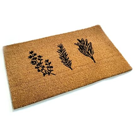 Black Ginger Herb Trio Coir Door Mat | Sage, Rosemary, and Thyme Design | Durable and Hard-wearing
