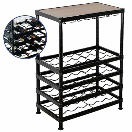 SafeRacks Freestanding Wine Rack with Wood Table Top and Glass Holder, Holds 24 Bottles and 9 Wine Glasses, Adjustable Metal Wine Storage Display