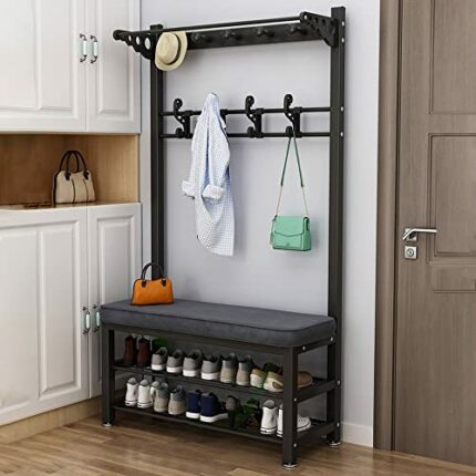 in 1 free-standing wardrobe with shoe rack, 2 shelves, coat rack with bench and 8 removable hooks, metal coat rack, for wardrobes