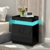 ELFORDSON LED Bedside Table 4 Sides High Gloss Wooden Nightstand Cabinet with 16 Colours LED light 2-Drawer Home Storage Organiser for Bedroom Li