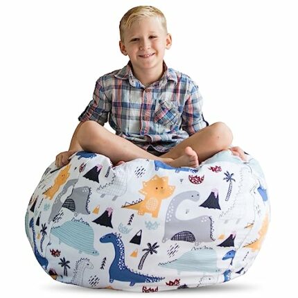 Creative QT Stuff ’n Sit Extra Large 38’’ Bean Bag Storage Cover for Stuffed Animals & Toys – Dinosaur Print – Toddler & Kids’ Rooms Organizer –