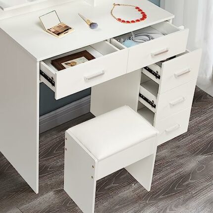 White Vanity Table with Mirror and Lights, Dressing Table with 5 Drawers and Cushioned Stool Set