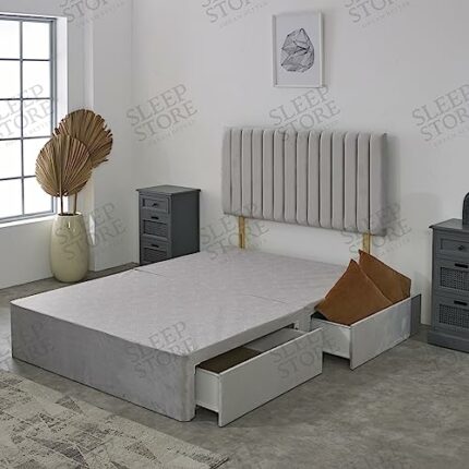 Plush Divan Bed Base With Monroe Upholstered Headboard | Storage Drawers Available… (Blue Plush, 4.0FT Small Double - 0 Drawers)