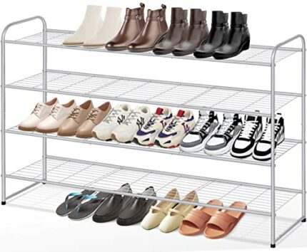 KEETDY 4-Tier Long Shoe Organizer for Closet Floor, Wide Shoe Rack for Closet, Stackable Shoe Rack for Entryway Metal Shoe Shelf for 30 Pairs Men