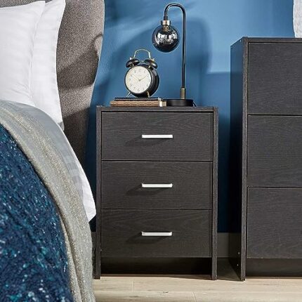 Home Source Bedside Table Black 3 Drawer Bedside Cabinet Night Stand Metal Runners Silver Handles