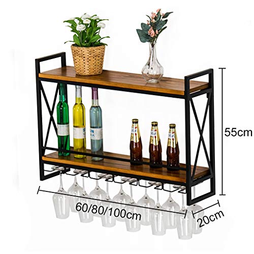EYLINK Vintage Wine Rack Wall Shelf for Bar Kitchen, Wall-mounted 2-Tiers Wall Wine Bottle Rack and Wine Glass Rack, Metal and Wood Rustic Floati