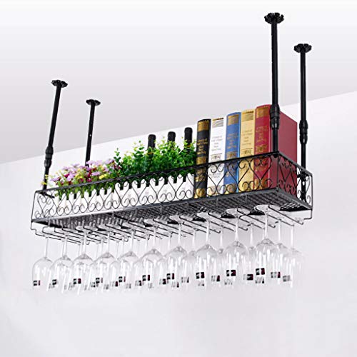 PIBM Hanging Wall Upside down Storage Rack Wine Wrought Iron Inverted High Cup Holder J1124, Black , 100*25cm
