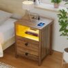 WOOVIVS Nightstand with LED Lights, Bedside Table with 2Outlets & USB Ports, Wooden Night Stand with 2 Drawers, End Table for Bedroom/Living Room