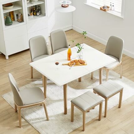 Rukulin 47" Multifunctional Wooden Foldable Dining Table with Thai Oak Legs, Modern Space Saving Kitchen Table for Living Room (White, 47" W x 35