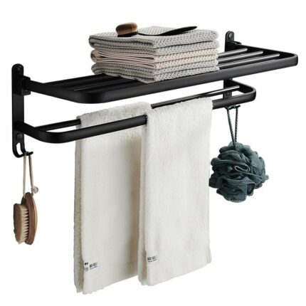 MENES Bathroom Towel Rack, Aluminum Wall Mounted Stainless Steel Self Adhesive Towel Rail, Towel Holder with 2 Towel, with 5 Hooks, for Home Bath