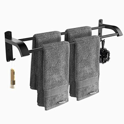 Towel Rail Rack - Hand Towel Holder for Bathroom Wall - 24 Inch Bath Bar Black Matte - Attached with Practical Four Hooks - SUS304 Stainless Stee