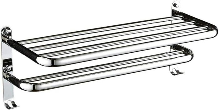 XHALERY Stainless Steel Towel Rack Bathroom Wall Mounted Storage Shelf with Double Towel Bar and Hook One-piece Thick Towel Rail 47.5CM (Size : 3