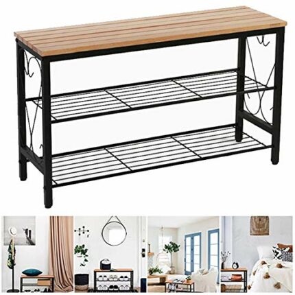 ALREMO HUANGXING - 3 Tier Shoe Rack Bench Shoe Storage Rack, Shoe Bench with Seat Beech Wood Top with Metal Frame for Hallway Living Roombathroom
