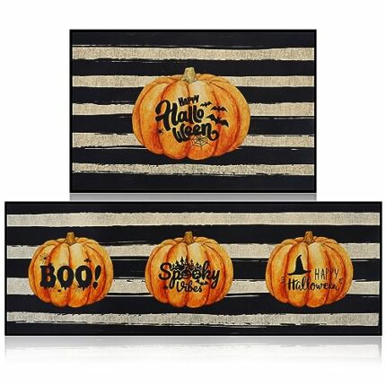 Tradder 2 Pcs Halloween Kitchen Mat Spooky Pumpkin Kitchen Rug Halloween Boo Decorative Floor Mats Non Slip Washable Welcome Doormat for Hallowee