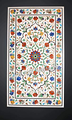 Gifts And Artefacts 30 x 60 Inches Rectangle Shape White Marble Kitchen Table Top Inlaid with Multicolor Gemstone Dining Table from Indian Vintag