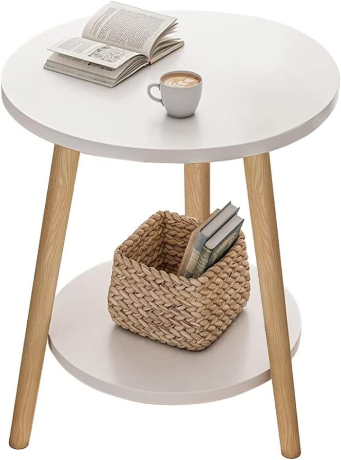 KZOBYD Round Side Table 2 Tier End Table With White Table Top Round Coffee Table with Metal Frame Modern Style Bedside Table Sofa Tea Table for L