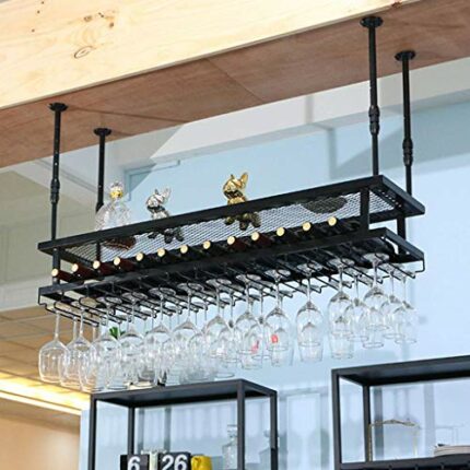 OUSIKA Wine Racks,Cafe Hanging with Glass Holder and Shelf, Adjustable Metal Ceiling Bar Wine Glass Rack,80Cm, 2-Layer Industrial Iron Bottle Hol