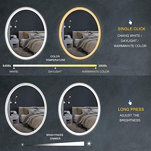 Oval Dimmable LED Bathroom Light Mirrors Horizontal Vertical Anti-Fog+IP44 Waterproof +CRI>90+UL Listed, Suitable for Home, Bathroom, Hotel