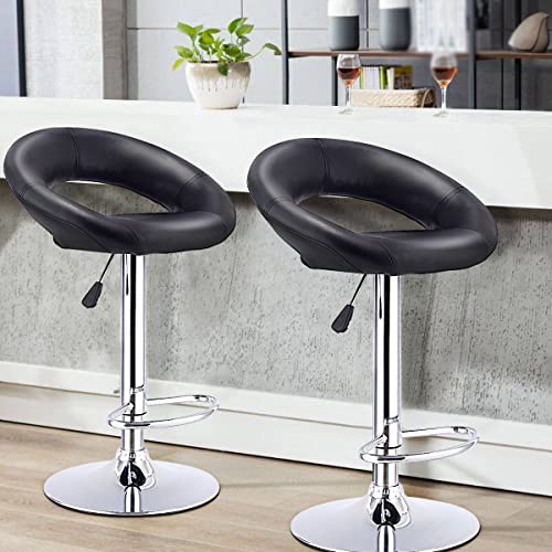 SDFGH Set of 2 Bar Stools Adjustable PU Leather Barstools Swivel Pub Chairs Black