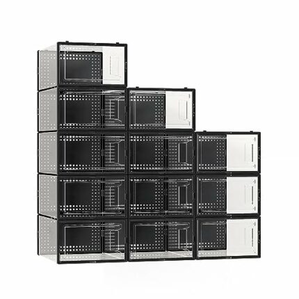 12 Pack Large Shoe Organizer Storage Boxes for Closet, Modular Space Saving Shoe Boxes Clear Plastic Stackable Sneaker Containers Display Case wi