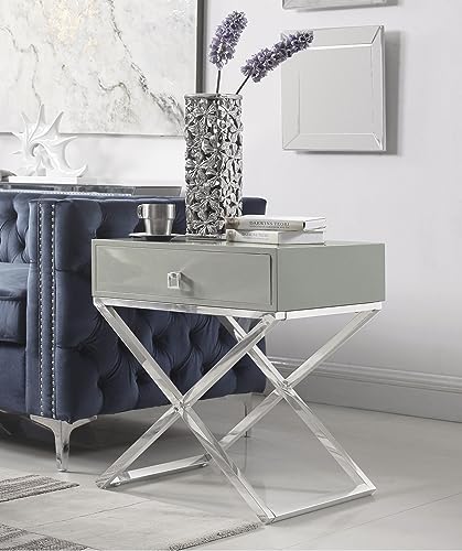 Iconic Home Ithaca Nightstand Side Table with Self Closing Drawer Lacquer X Base Nickel Finished Stainless Steel, Modern Contemporary, Grey