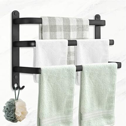 Towel Rail Self Adhesive, JiGiU Towel Holder Hanger 40cm/16inch Triple Towel Shelf bar with 5 Hooks Aluminum Multi-Function Towel Rack Wall Mount