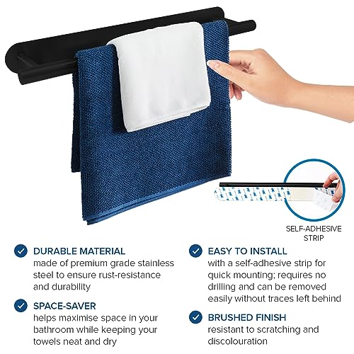 Joejis Self Adhesive Towel Rail 40cm Stainless Steel & Black Matte Bathroom Towel Holder Multiuse for Kitchen or Bathroom Towel Rail Drill-free (