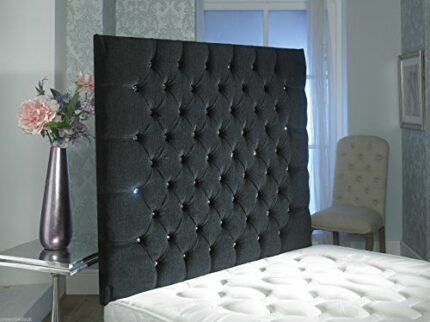 CROWNBEDSUK CHESTERFIELD WALL HEADBOARD CHENILLE IN 2ft6,3ft,4ft,4ft6,5ft,6ft Height 44'' MATCHING BUTTONS (5FT KINGSIZE, Black)