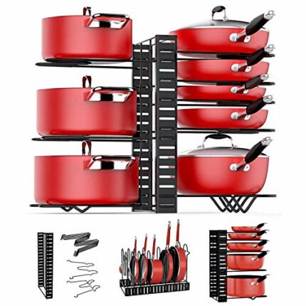 ARVINKEY Pot Rack Organizers, 8 Tiers Pan Organizer Rack for Cabinet, Adjustable Pot Lid Holders & Pan Rack With 3 DIY Methods for Kitchen Counte