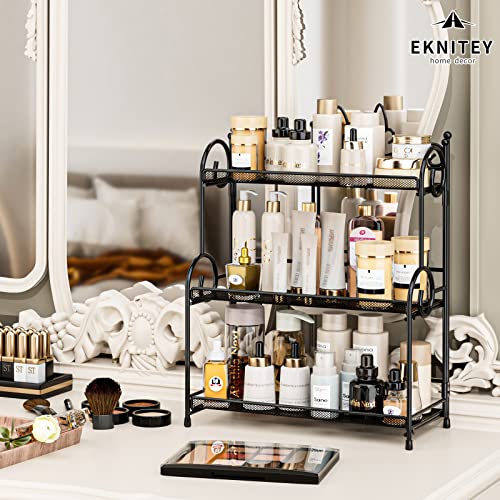 EKNITEY Bathroom Countertop Organiser Storage - Kitchen Counter Spice Rack 3 Tier Countertop Organiser for Makeup, Perfume, Cosmetics Black
