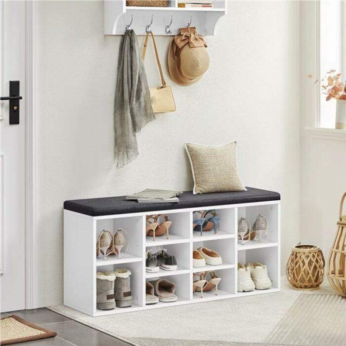MXIAOXIA 10 Cubbies Shoe Storage Bench Wood Foam and Fabric White Shoe Cabinets Muebles Door-to-door Shoe Cabinet