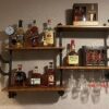 bimiti Industrial Wall Mounted Wine Rack 100 x 75cm 2 Tier Wine Storage Shelf Metal & Wooden Wall Wine Champagne Bottle Holder with 4 Stemware Ra