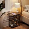End Table with Charging Station, Narrow Side Table with USB Ports and Outlets, Flip Top Nightstand / Bedside Table / Sofa Couch Table for Small S