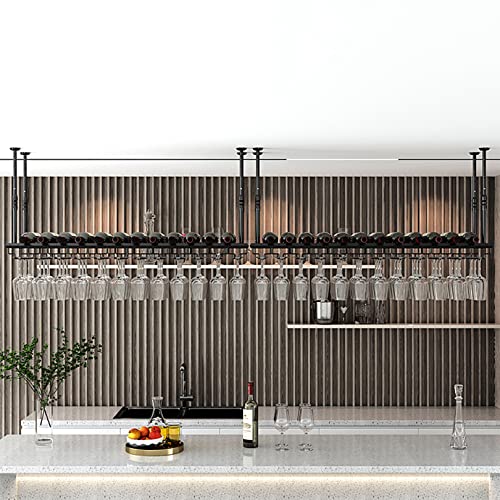 Wine Rack, Hanging Wine Glass Holder, Vintage Wine Bottle Holder Ceiling Decoration, Adjustable Height for Kitchen & Bars (Black,60/80/100/120cm)