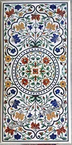 Gifts And Artefacts 30 x 60 Inches Semi Precious Gemstone Inlay Work Kitchen Table Top Rectangle Shape White Marble Dining Table with Royal Look