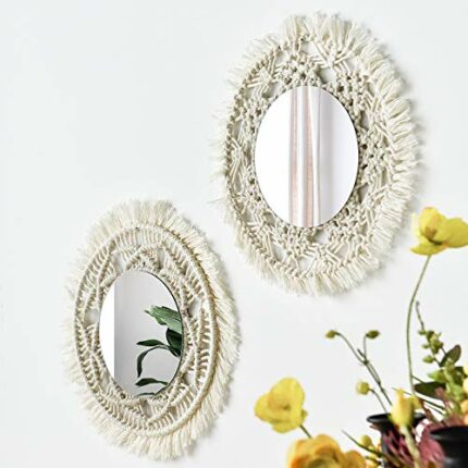 Wall Mirror Macrames Beautiful 2PCS Style Handmade Macrame Outsky Hanging Boho Fringe Round Decorative for Apartment Living Room Bedroom Baby Nur
