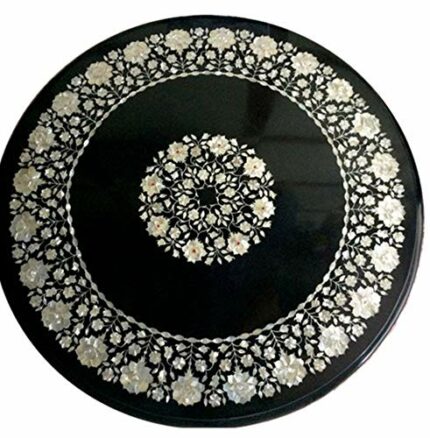 Gifts And Artefacts 42 x 42 Inches Antique Pattern Inlay Work Kitchen Table Top Black Round Shape Marble Dining Table with Royal Look