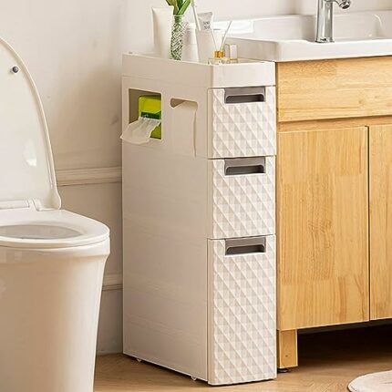 2 Drawers Bathroom Floor Cabinet, Small Corner Shelves with 4 Casters, Large Capacity Narrow Tall Cabinet Plastics Toilet Paper Cabinet for Small