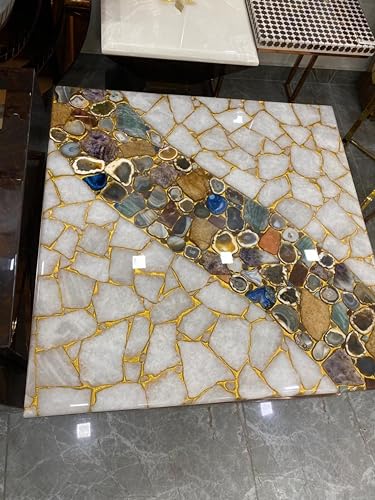 Gifts And Artefacts 42 x 42 Inches Semi Precious Gemstone Resin Art Dining Table Top for Home Furniture Decor Square Shape Kitchen Table