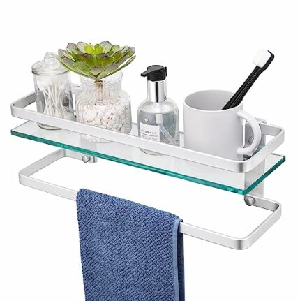KES Bathroom Glass Shelf with Aluminum Towel Bar and Rail Extra 8MM-Thick Tempered Glass Rustproof Rectangular Storage Organizer Wall Mount Silve
