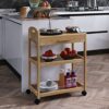 SMIBUY Kitchen Island Cart on Wheels with Storage Drawer & Shelves, Bamboo 3-Tier Rolling Utility Serving Rack with Solid Wood Countertop & Locka