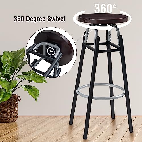 LAVIEVERT Bar Stools Set of 2, Swivel Round BarStools, Industurial Counter Stools Bar Chairs with Metal Footrest & Wood Seat for Kitchen, Dining
