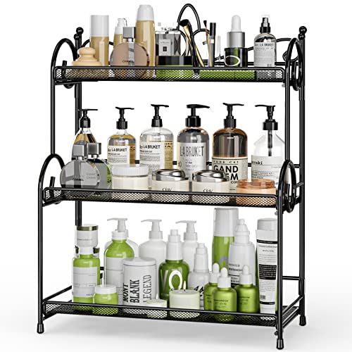 EKNITEY Bathroom Countertop Organiser Storage - Kitchen Counter Spice Rack 3 Tier Countertop Organiser for Makeup, Perfume, Cosmetics Black