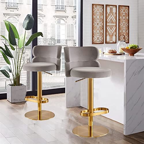 ADEADE Grey Set of 2 Swivel Velvet Counter Barstools Adjustable Height Backrest Bar Stools with Backrest Gold Legs Round Upholstered Seat for Kit