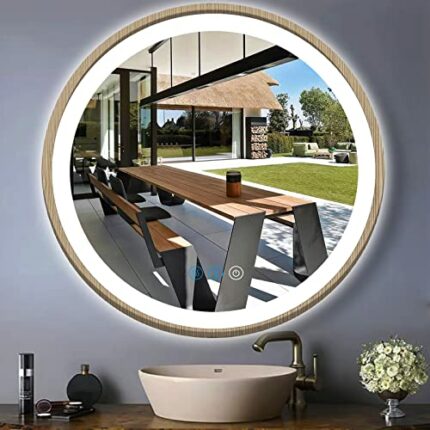 ARUMMA 24 Inch Wood Round LED Bathroom Mirror with Lights Wood Frame Round Lighted Mirror for Bathroom Wall Wood Round Lighted Vanity Mirrors 3 C