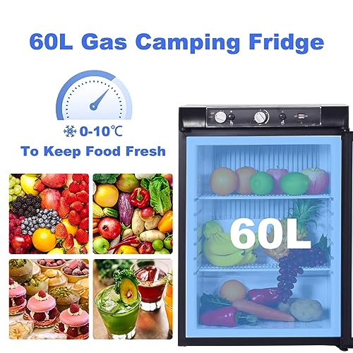 Techomey 3 Way Fridge Camping, Gas Fridge Camping Fridge 12V 240V, 60L Caravan Fridge Camping for Motorhome, Truck, Outdoor, Silent, Black