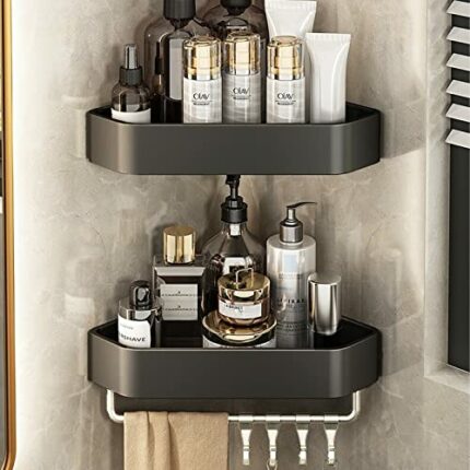 EAQ 2 Pack Bathroom Rack, Corner Rack, Shower Rack, Shower Shelves with 4 Removable Hooks and Towel Hangers, Wall-mounted Non-perforated Glue, fo