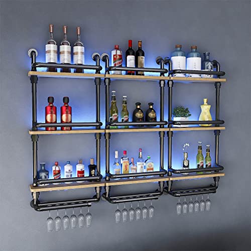 Wine Rack Wall Mounted 3 Tier with Lights, Hanging Floating Small Mini Bar Liquor Shelves with Glass Holder Storage, Industrial Rustic Pipe Farmh