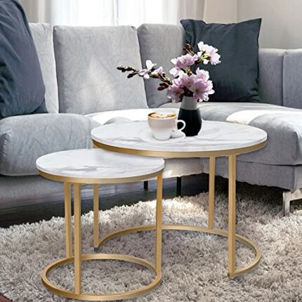 HEYZOEY Round Coffee Tables, Removable Set of 2 End Table, Nesting Tables with Gold Metal Frame Legs and Marble White Top for Living Room, Bedroo