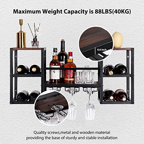 CRUDATE Hanging Wine Rack Wall Mounted, Floating Liquor Bottle Shelf with 3 Team Glass Holder Wine Shelf Bar Shelves Stemware Rack for Wall Wine